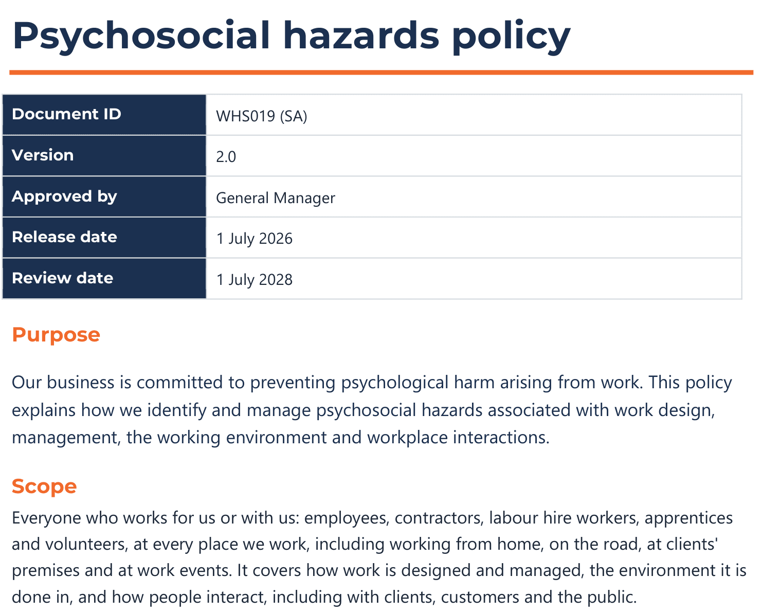 Opening page of the Psychosocial hazards policy: title, document control table, purpose and scope